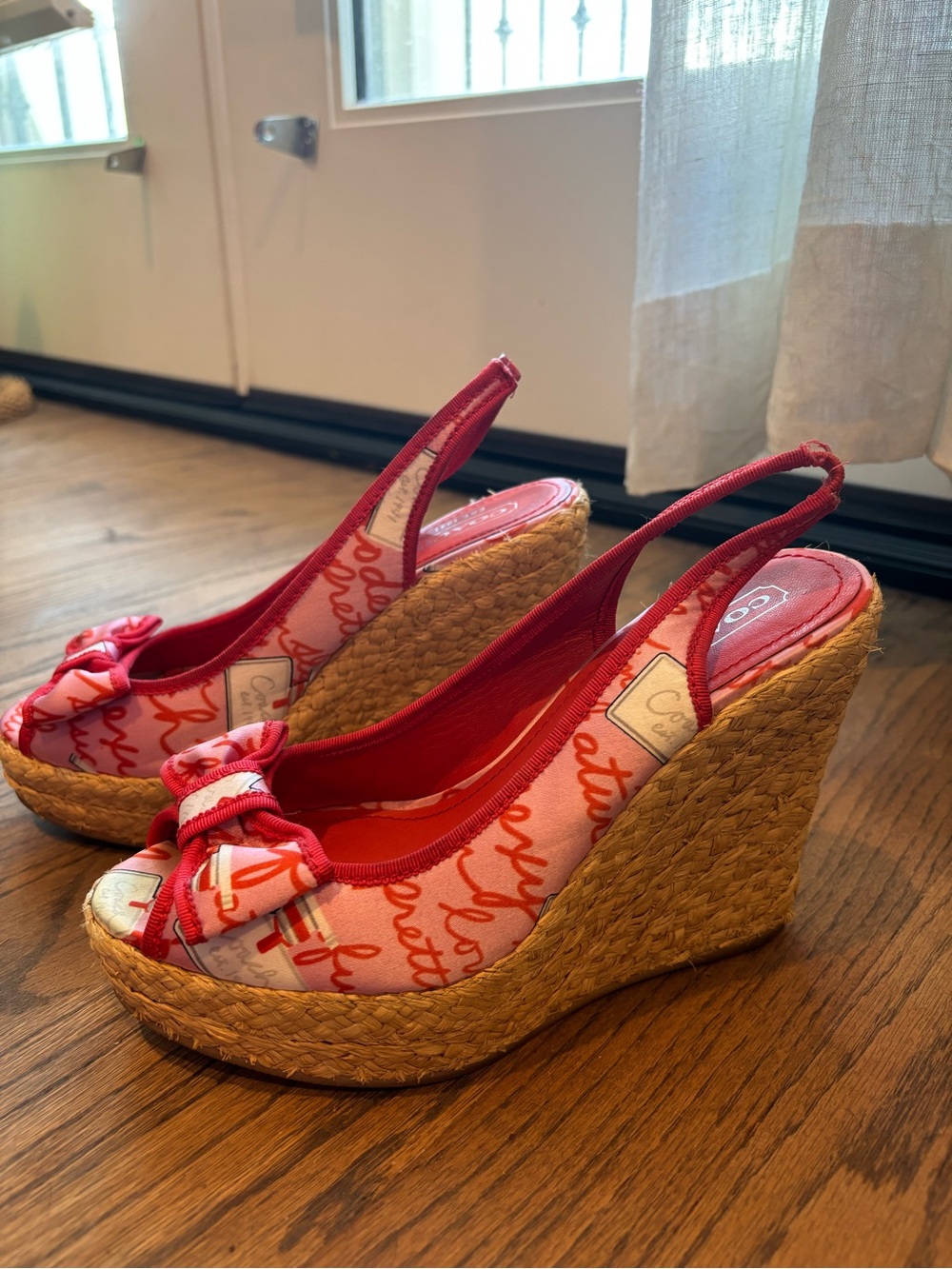 Coach Pink and Red Patterned Espadrille Wedges